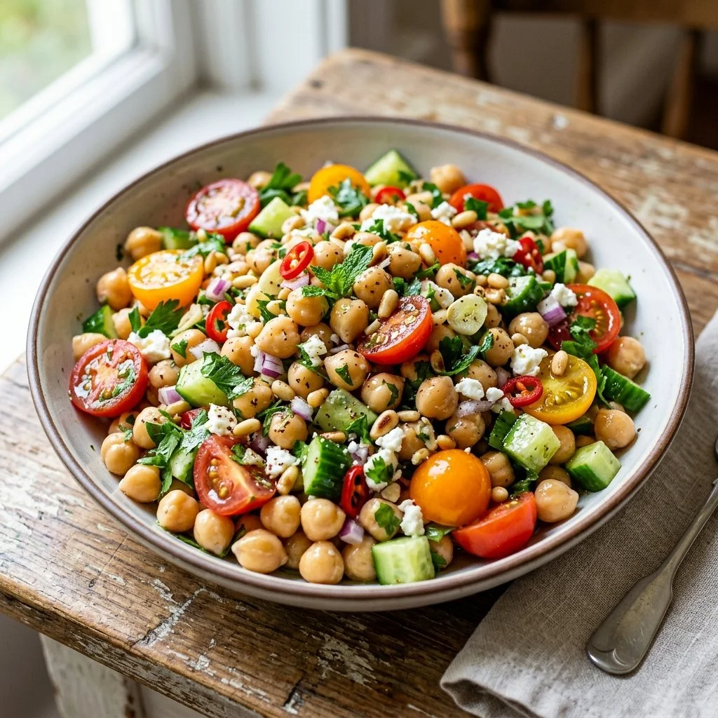 Delicious chickpea salad with fresh vegetables and dressing