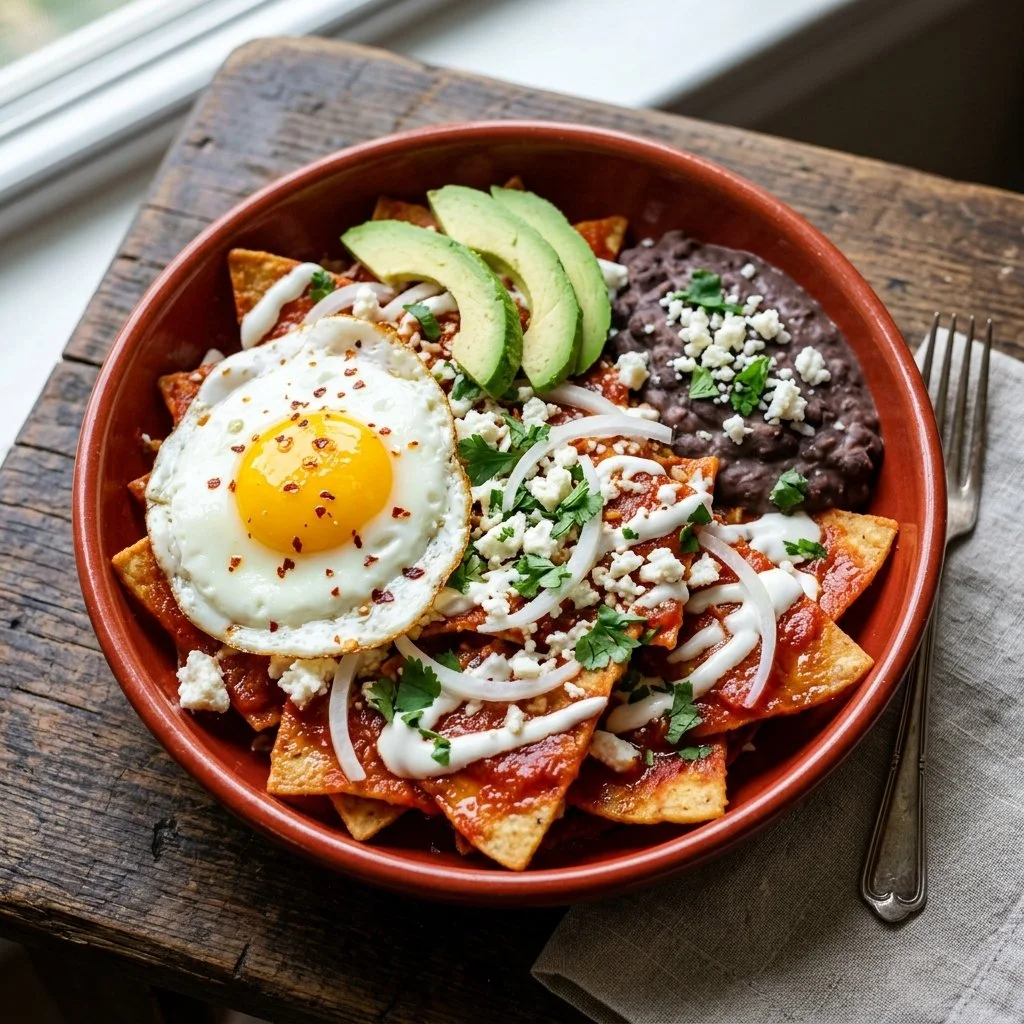 Delicious Chilaquiles Rojos topped with cheese, crema, and avocado