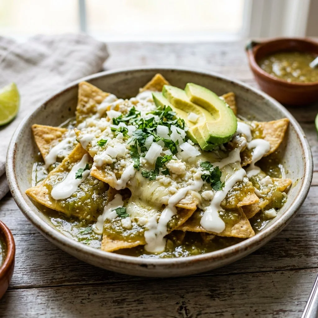 Plate of Chilaquiles Verdes topped with avocado and crema