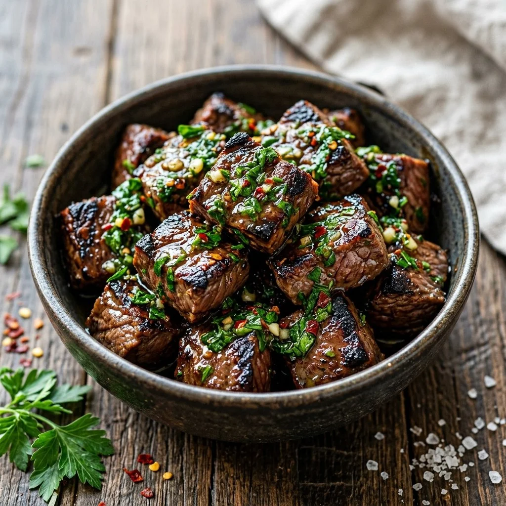 Chimichurri steak bites garnished with herbs, ready to serve.