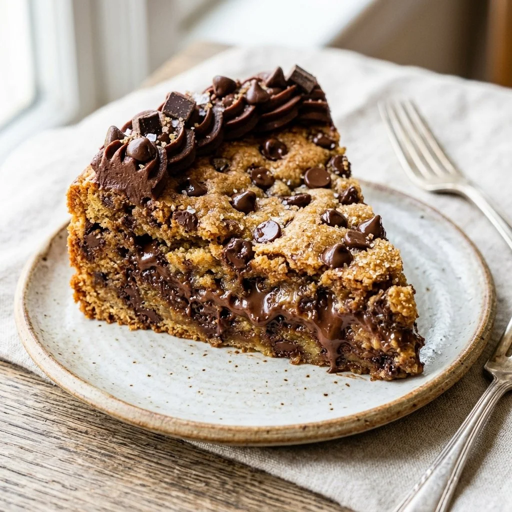 Delicious Chocolate Chip Cookie Cake with chocolate chips and frosting