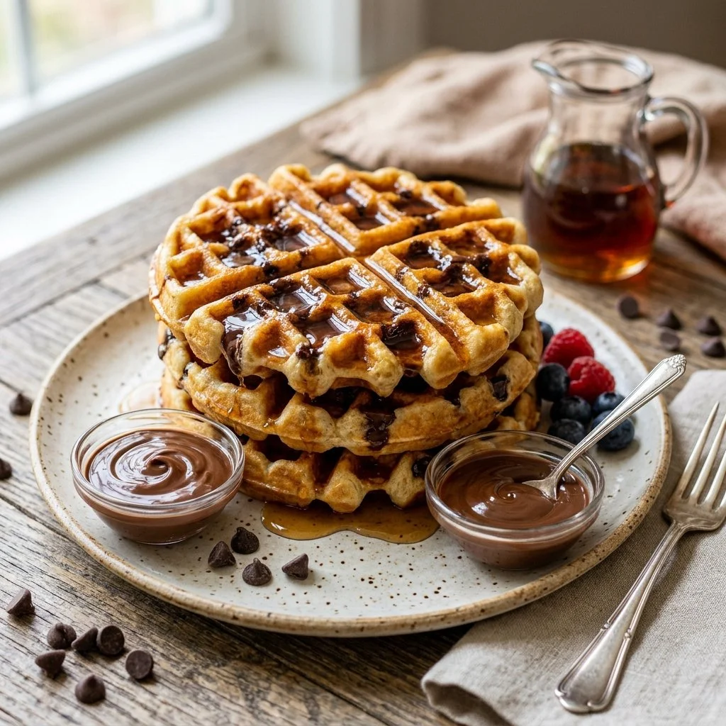 Delicious chocolate chip waffles served with syrup and fresh fruit