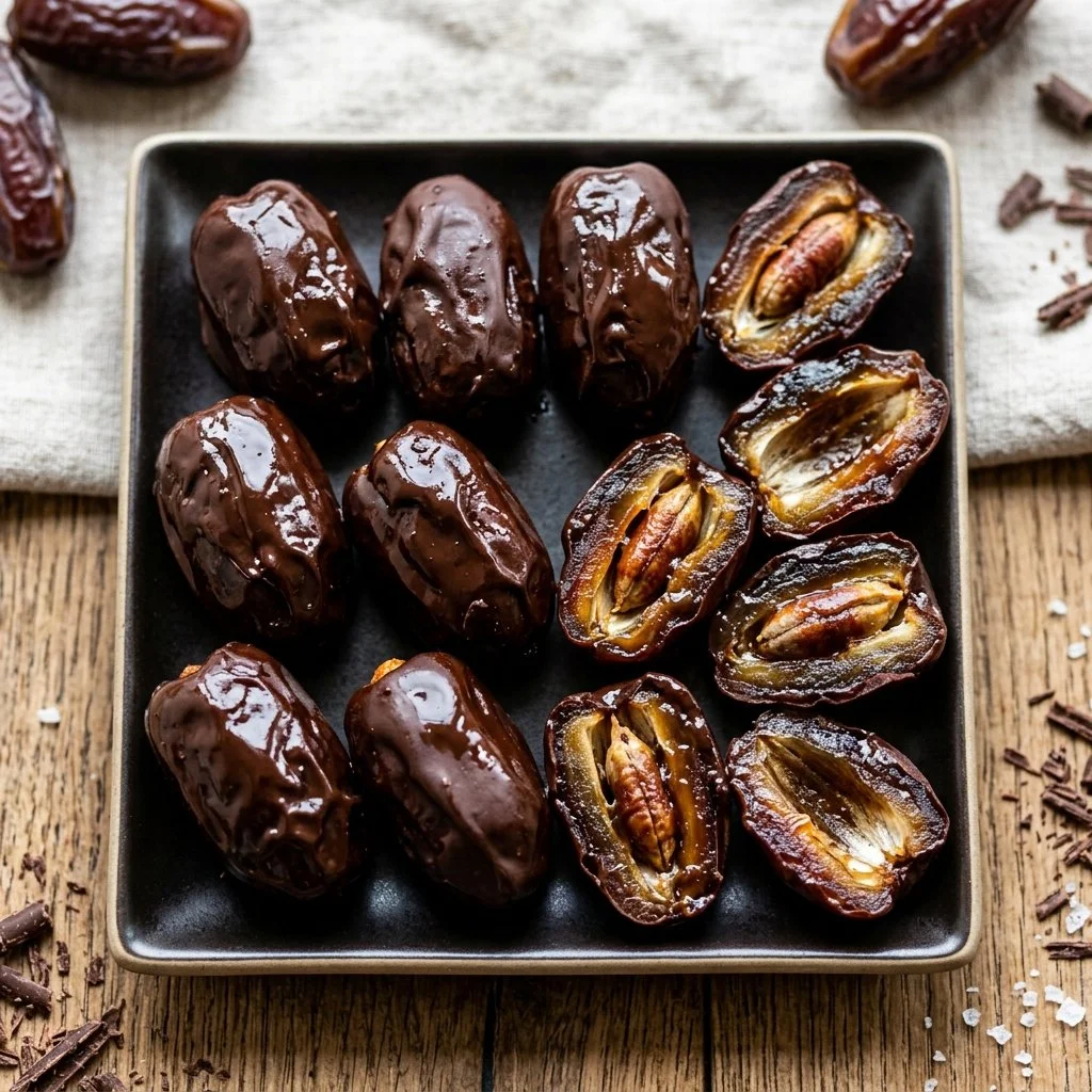 Delicious chocolate covered dates on a wooden plate, a healthy sweet treat.