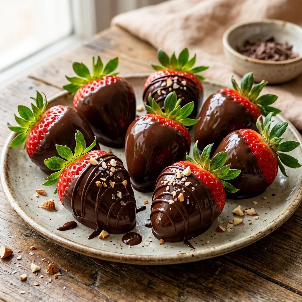 Delicious chocolate covered strawberries on a elegant platter.