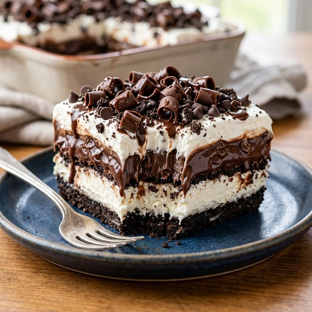 Delicious Chocolate Lasagna dessert with layers of chocolate and cream.