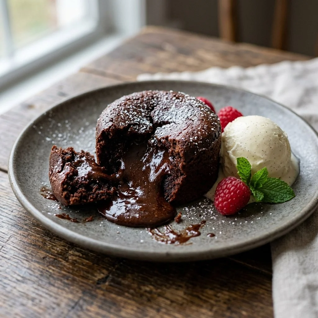 Decadent chocolate lava cake with molten center ready to be served