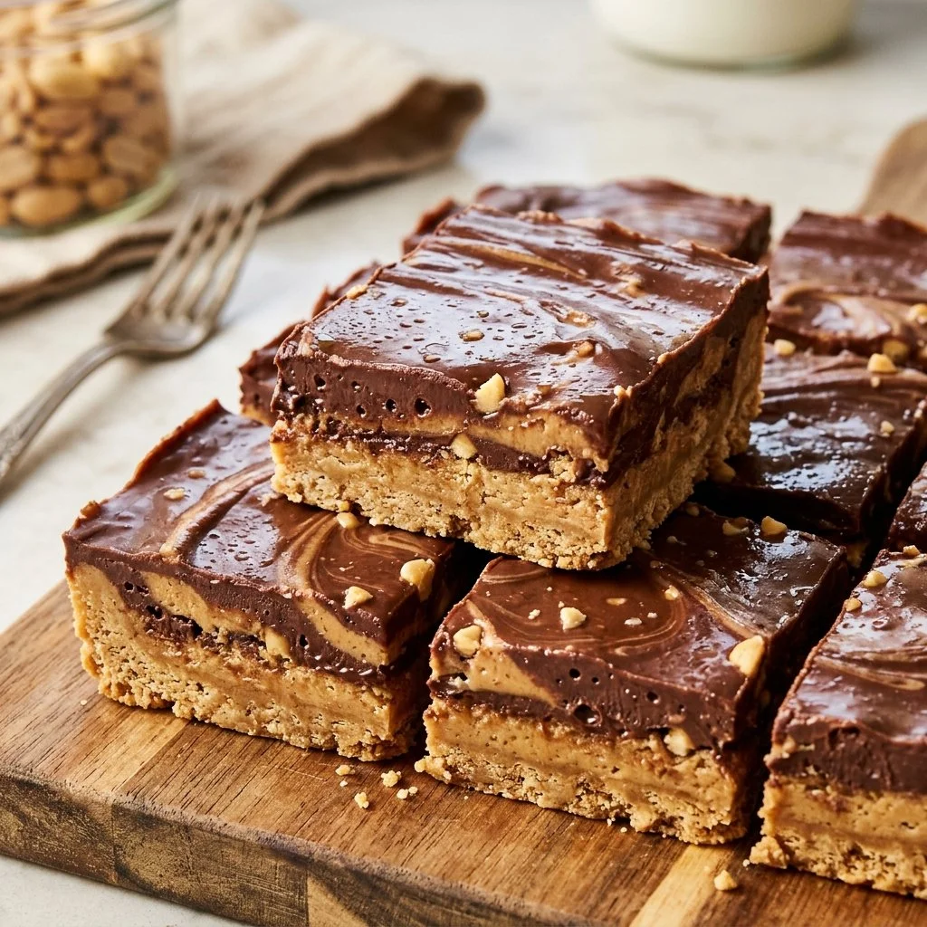 Delicious homemade chocolate peanut butter bars on a wooden table