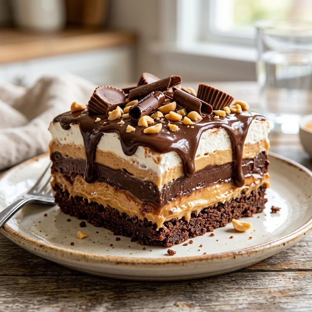Decadent Chocolate Peanut Butter Lasagna dessert layered with creamy chocolate and peanut butter.