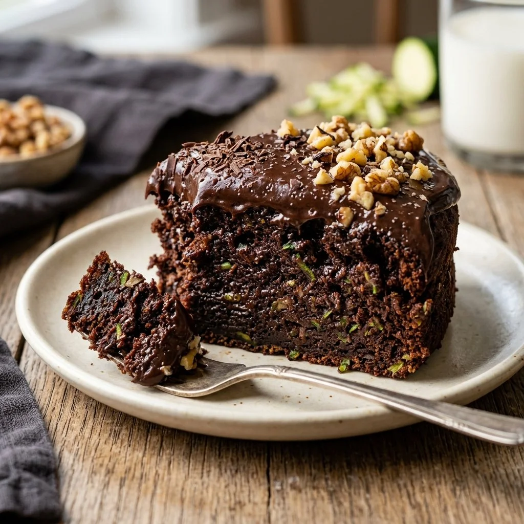 A delicious slice of moist Chocolate Zucchini Cake topped with chocolate frosting.