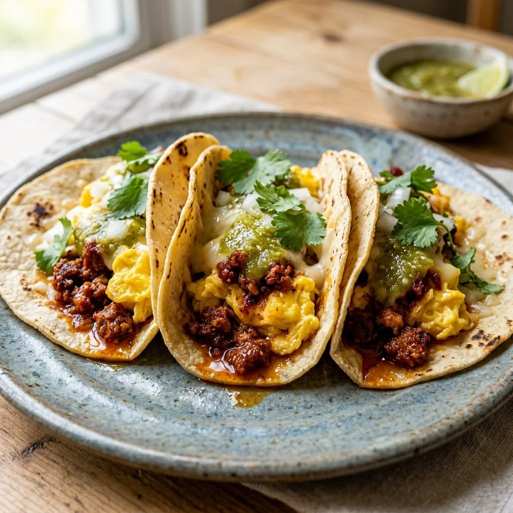 Chorizo breakfast tacos with fresh toppings and a vibrant color display.