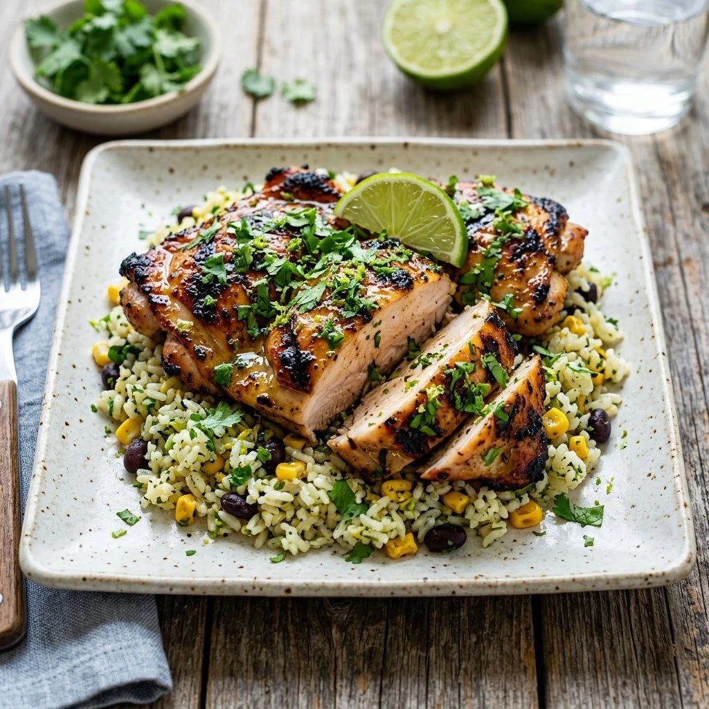 Juicy cilantro lime chicken garnished with fresh cilantro and lime slices