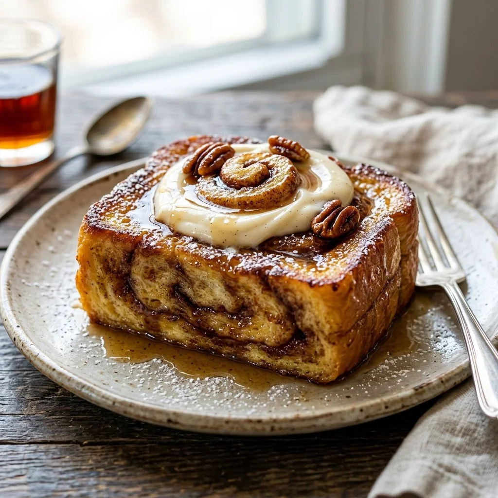 Delicious cinnamon roll french toast topped with icing and berries