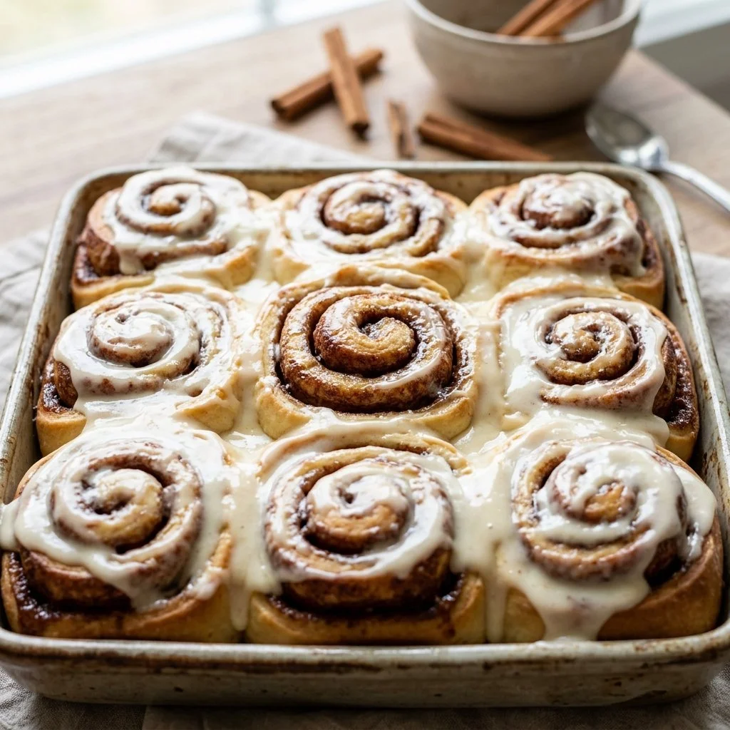 Freshly baked cinnamon rolls with icing on a wooden table