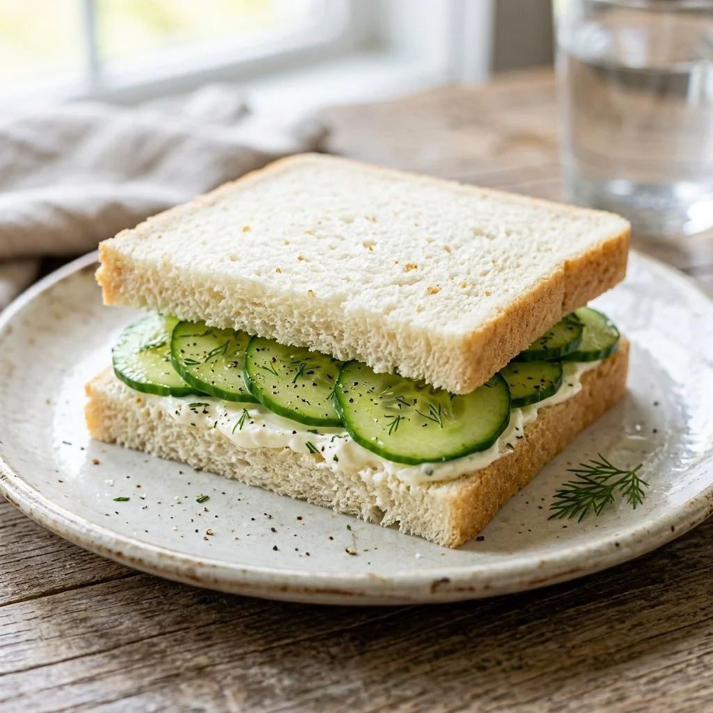 A plate of classic cucumber sandwiches garnished with fresh herbs.