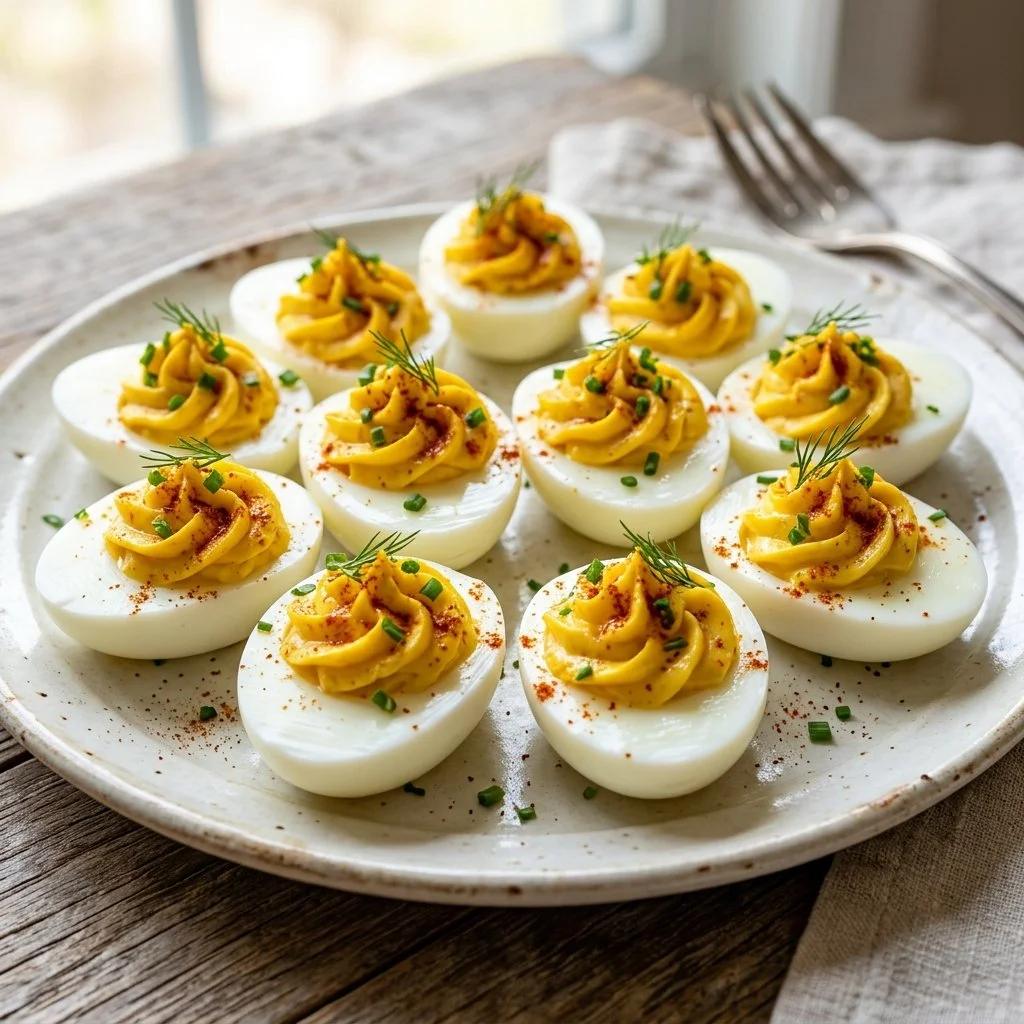 Plate of classic deviled eggs garnished with paprika