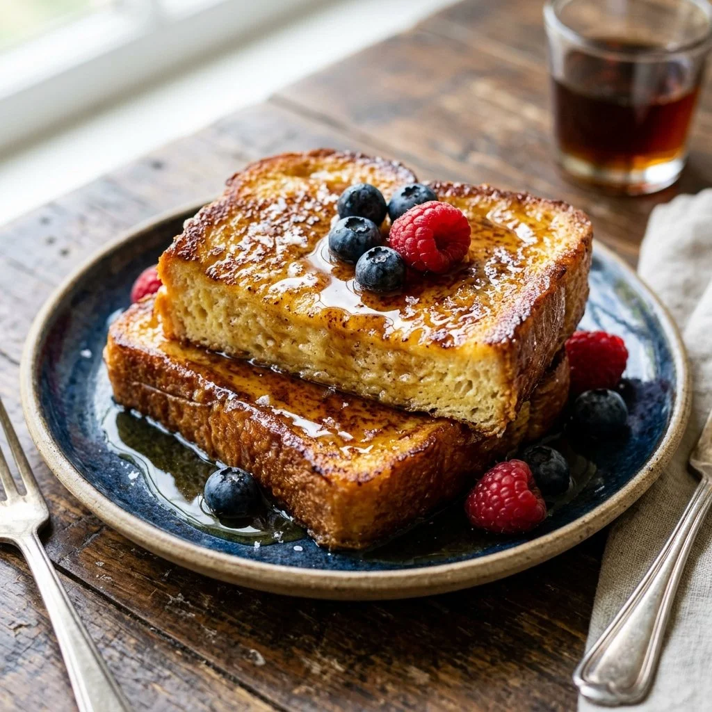 Delicious plate of classic French toast topped with fresh berries and syrup