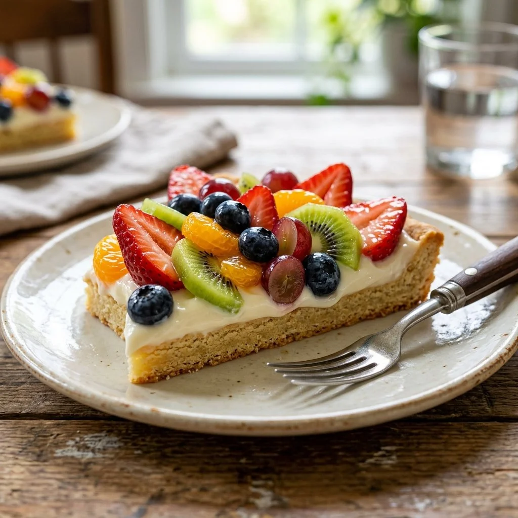 Delicious classic fruit pizza topped with fresh fruits and cream