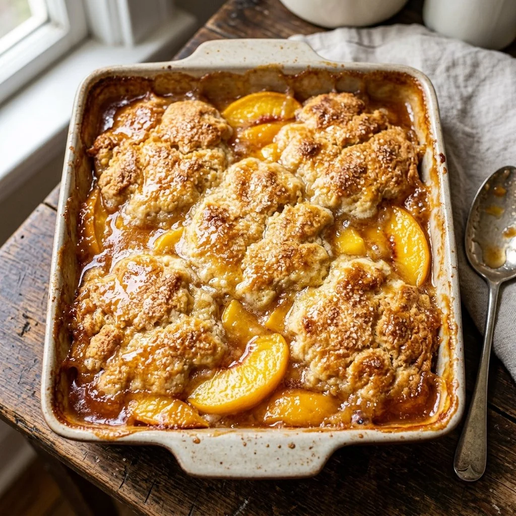Classic peach cobbler with fresh peaches and golden crust in a baking dish