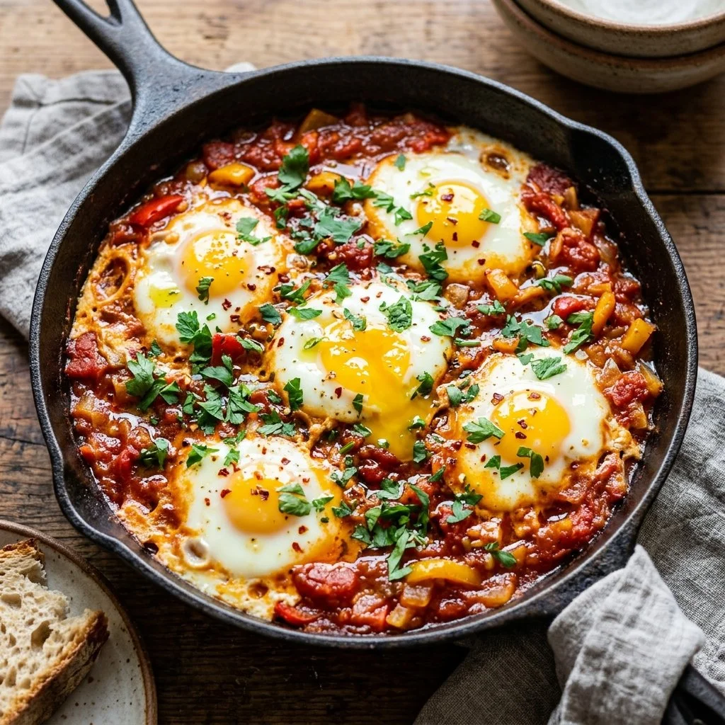 Delicious classic Shakshuka dish with eggs and tomatoes served in a skillet
