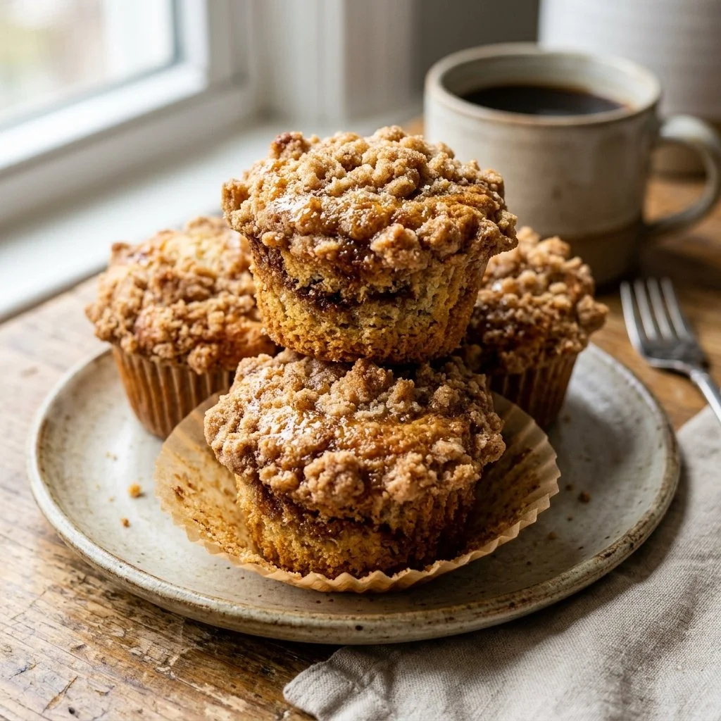 Batch of freshly baked coffee cake muffins with a crumbly topping
