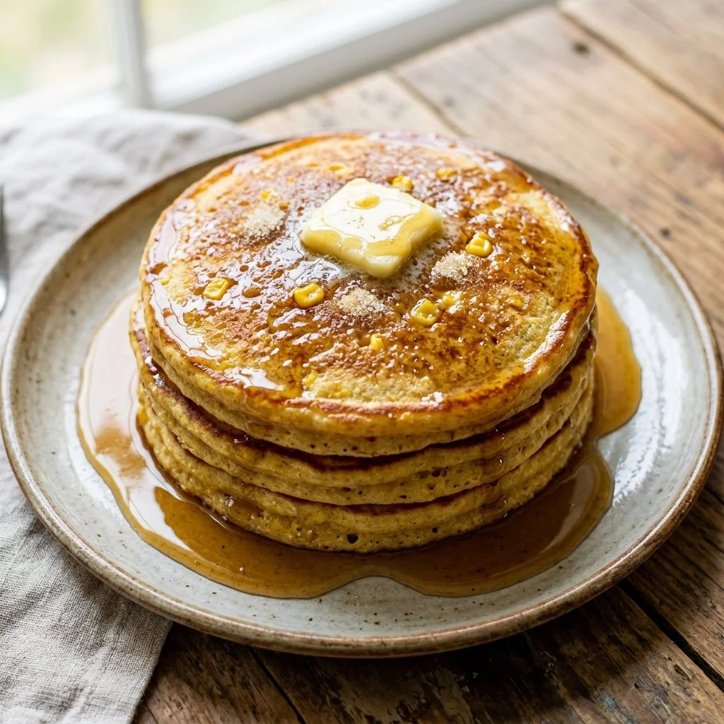 Delicious Cornmeal Pancakes with syrup and fruit toppings