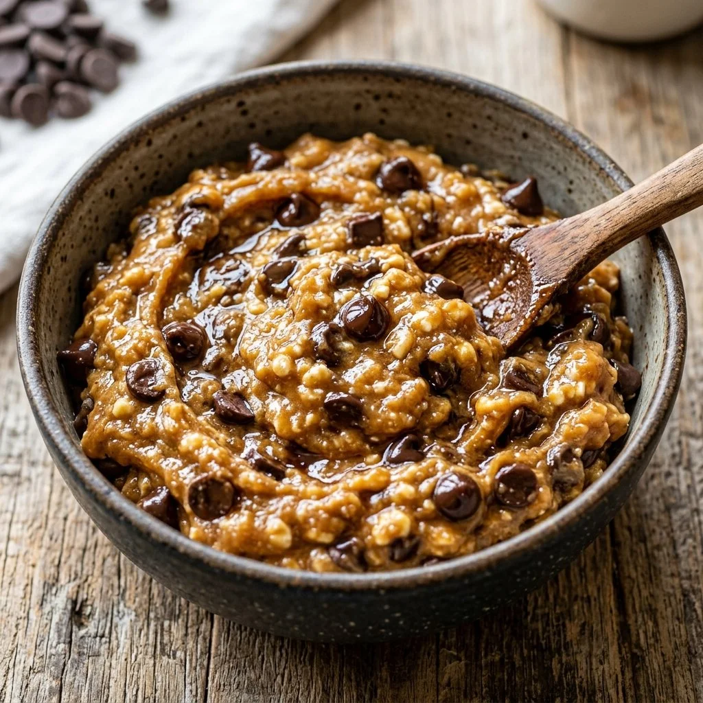 Delicious cottage cheese cookie dough served in a bowl with chocolate chips