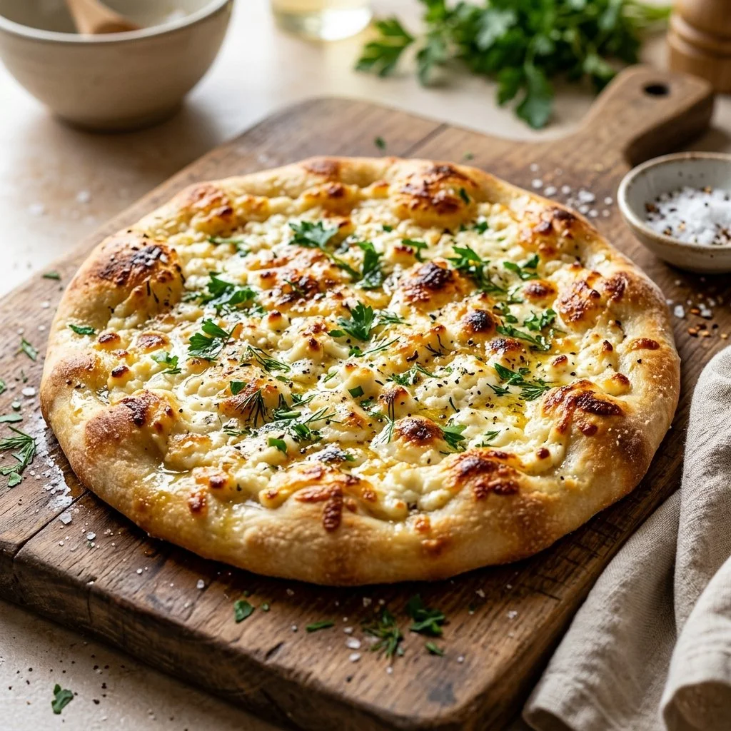Delicious homemade cottage cheese flatbread garnished with herbs.