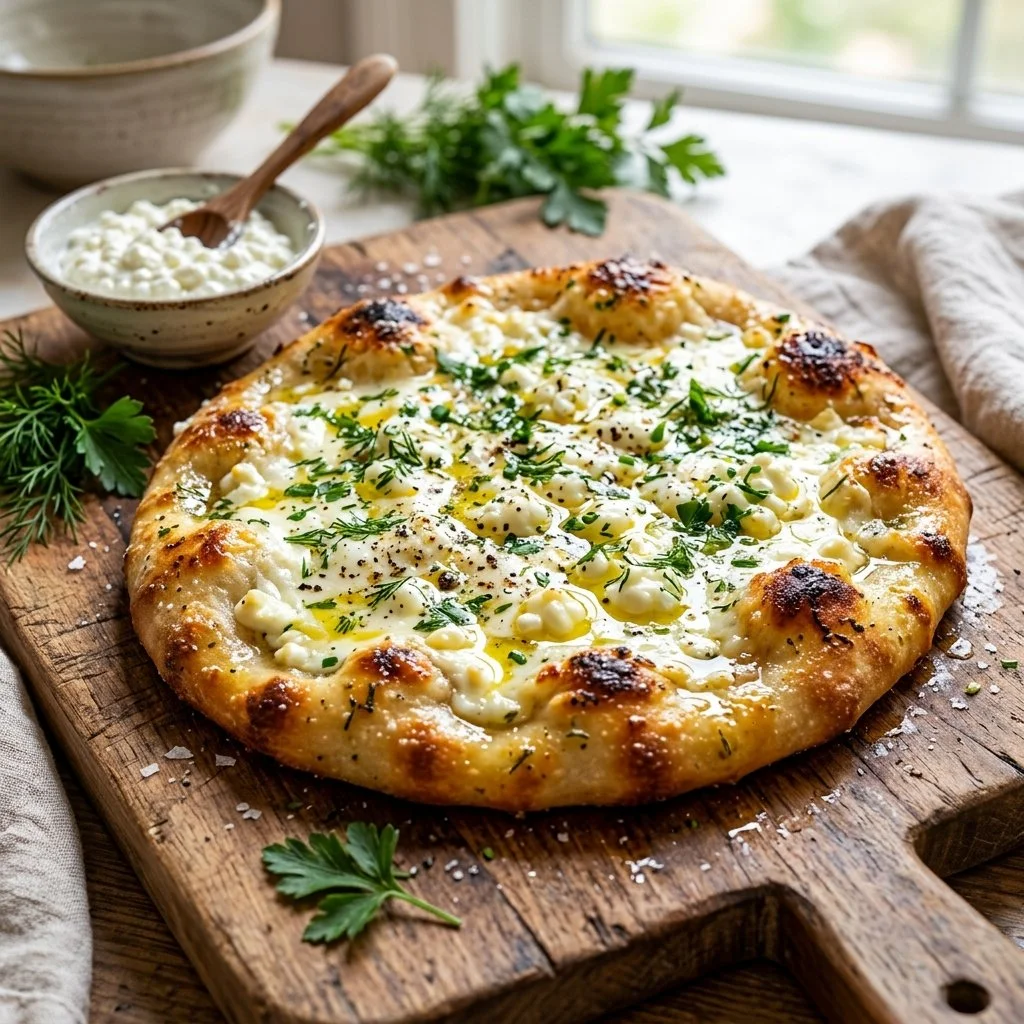 Homemade cottage cheese flatbread topped with fresh herbs and vegetables