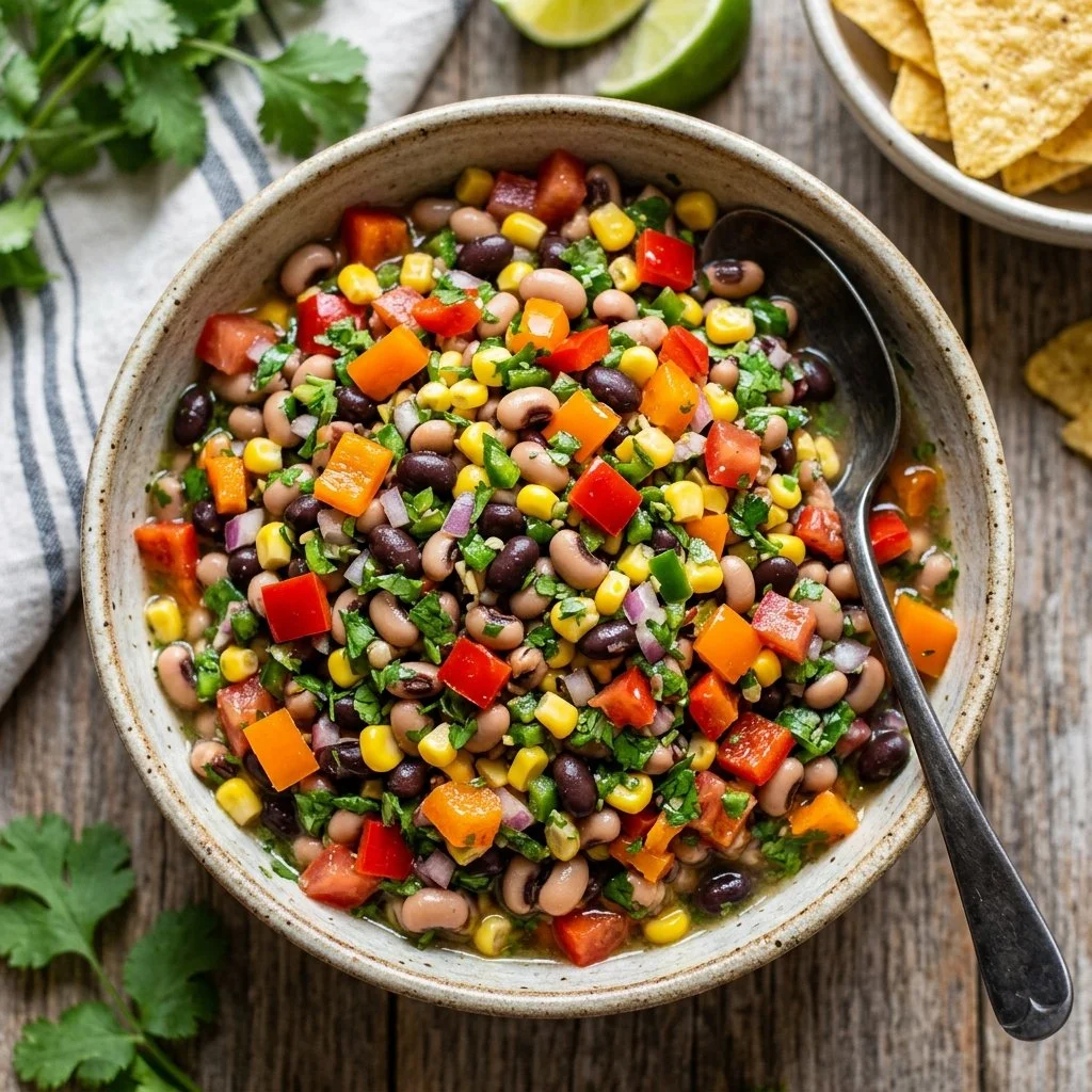 Delicious Cowboy Caviar salad in a bowl with colorful beans and vegetables