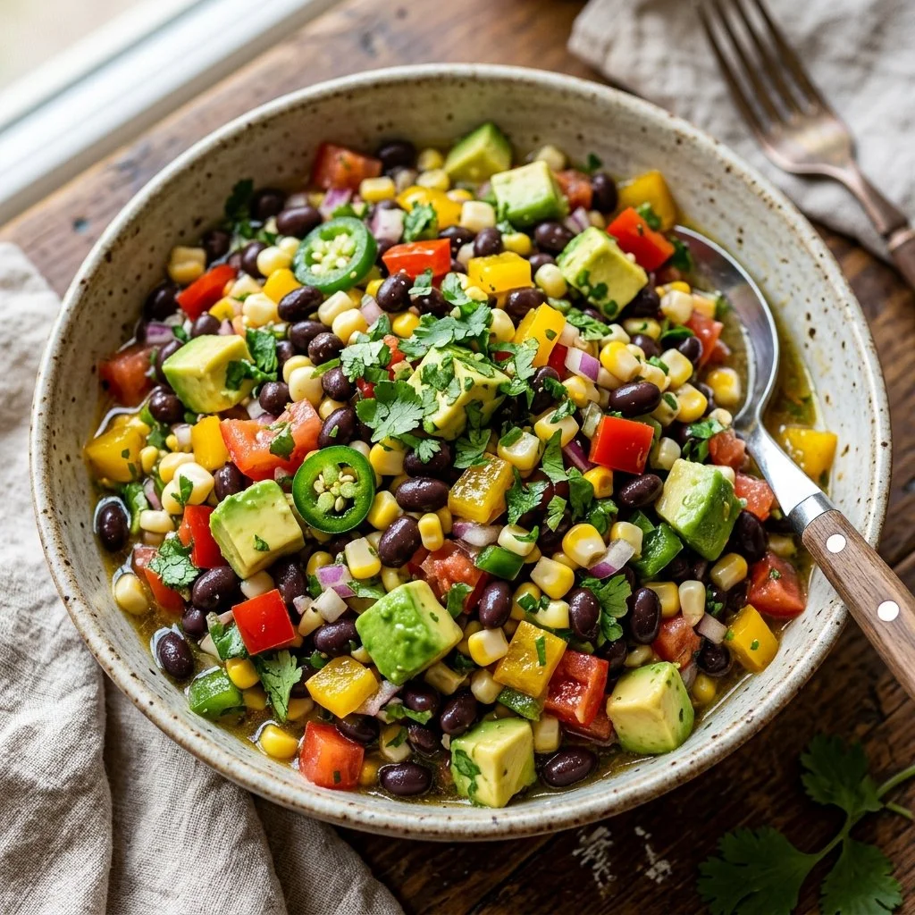 Colorful Cowboy Caviar Salad with beans, corn, peppers, and dressing