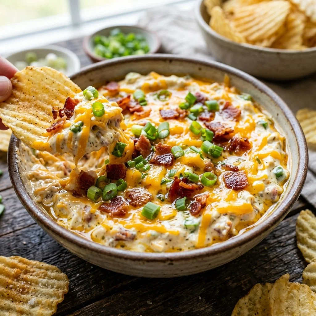 Delicious creamy Crack Dip served in a bowl with toppings and tortilla chips