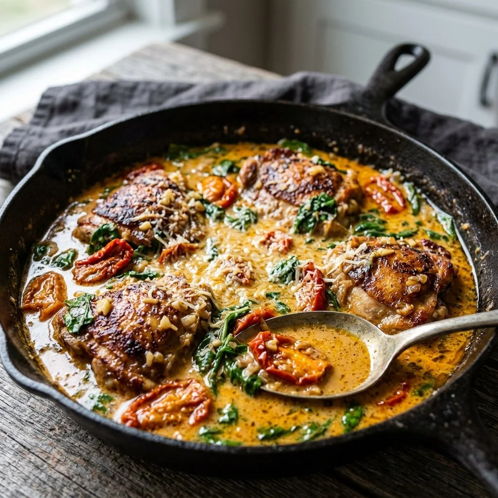 Delicious creamy Tuscan chicken served with fresh herbs and sun-dried tomatoes