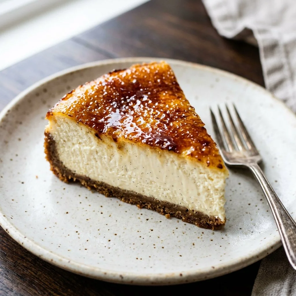 Delicious Crème Brûlée Cheesecake with caramelized sugar topping