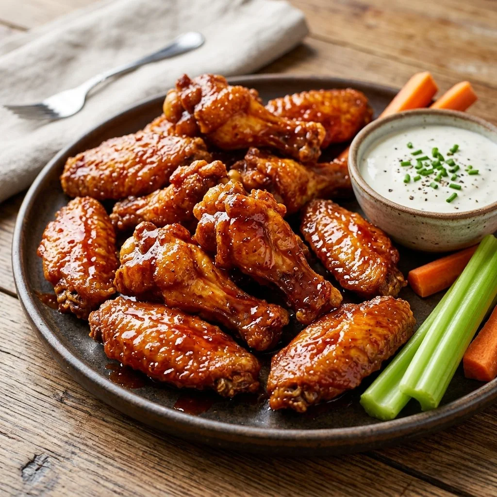 Crispy baked buffalo wings served with blue cheese dip and celery sticks.