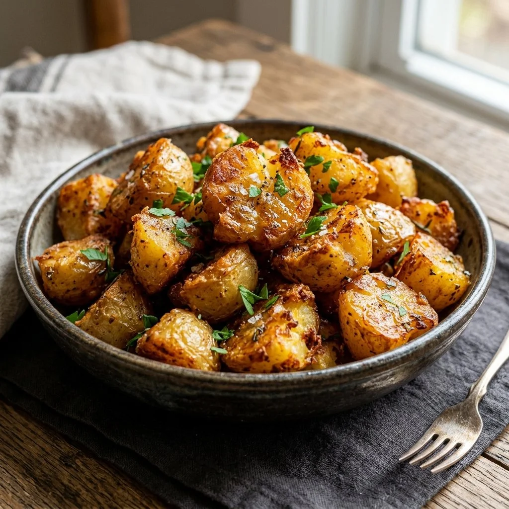 Crispy breakfast potatoes served with eggs and herbs