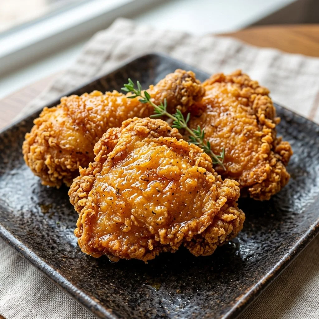 Crispy fried chicken coated in golden-brown batter served on a plate.