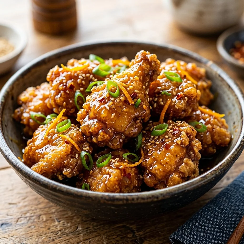 Crispy Orange Chicken served with garnishes on a plate