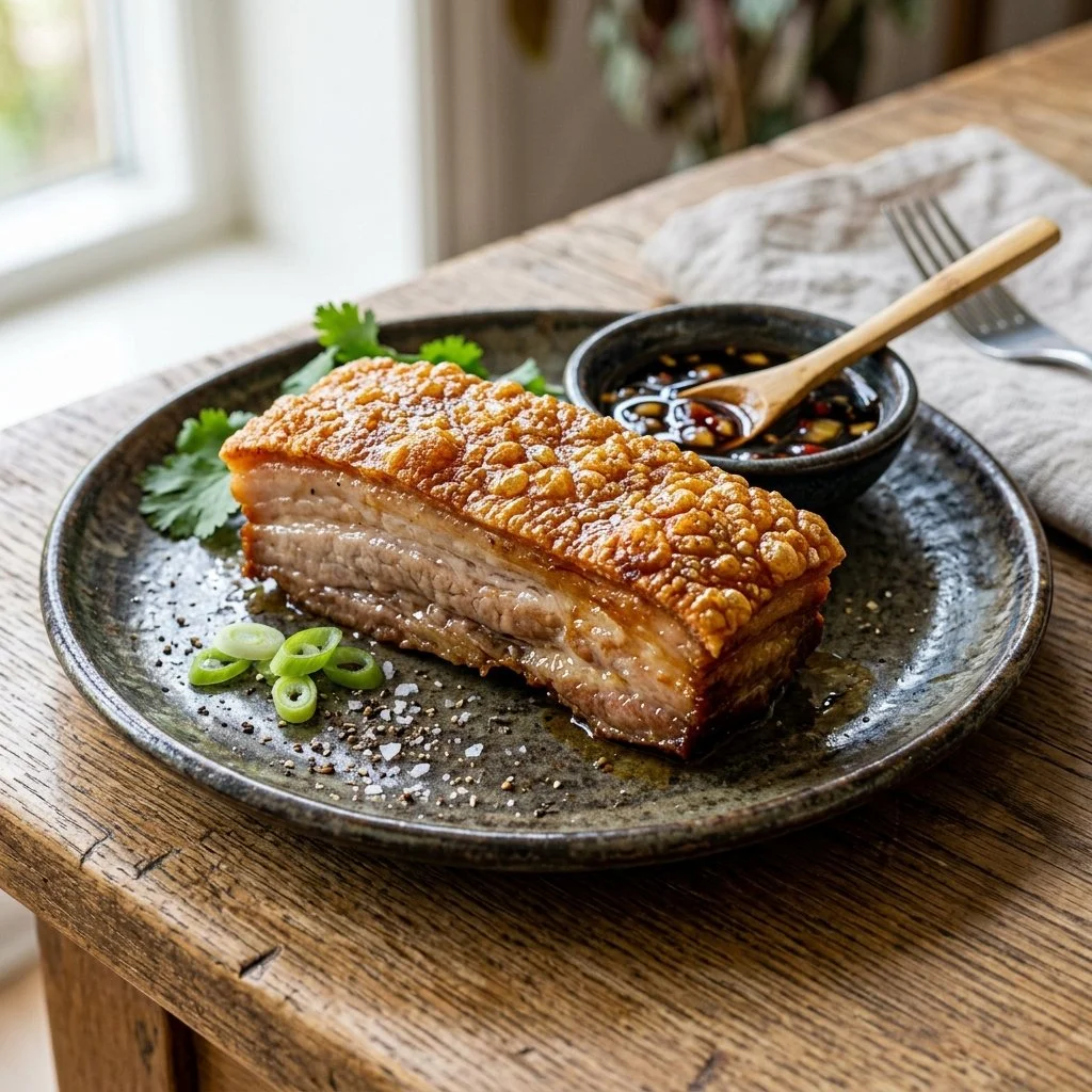Crispy pork belly dish served with sides on a plate.