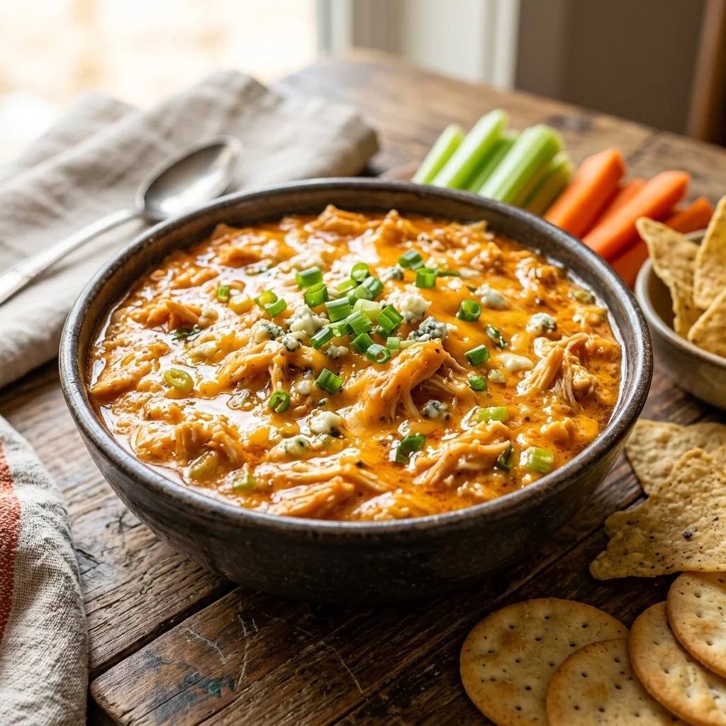 Crockpot Buffalo Chicken served on a plate with garnish