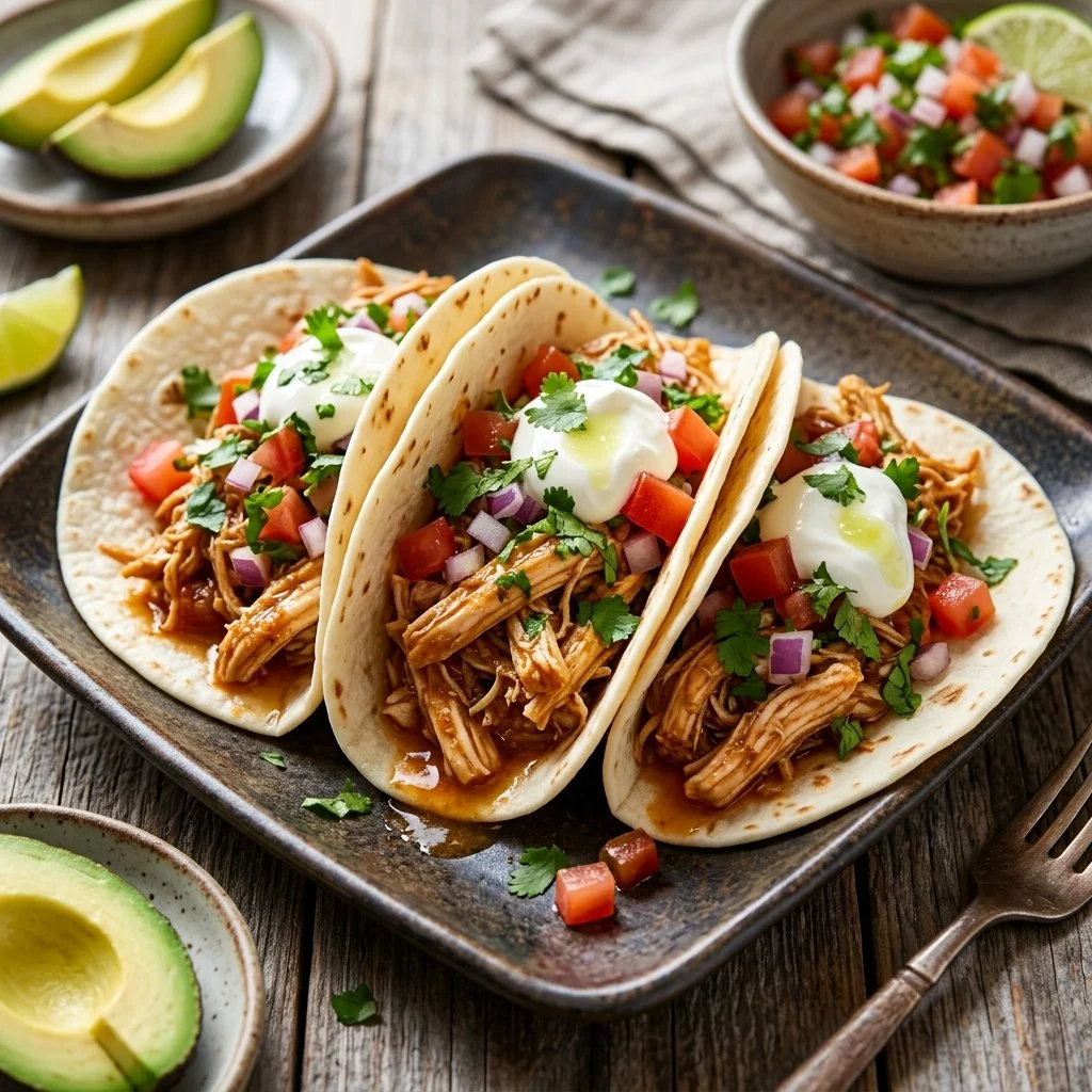 Delicious Crockpot Chicken Tacos served with fresh toppings