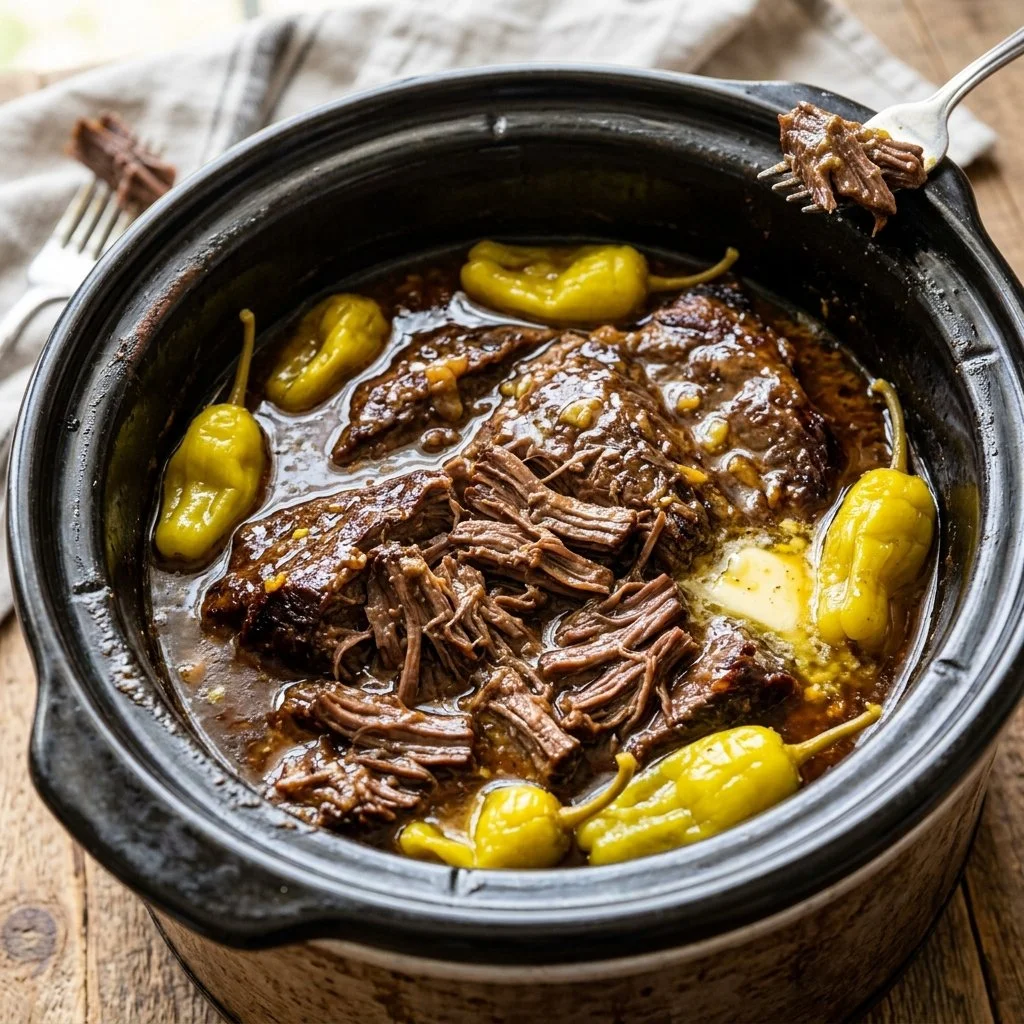 Delicious Crockpot Mississippi Pot Roast served on a plate
