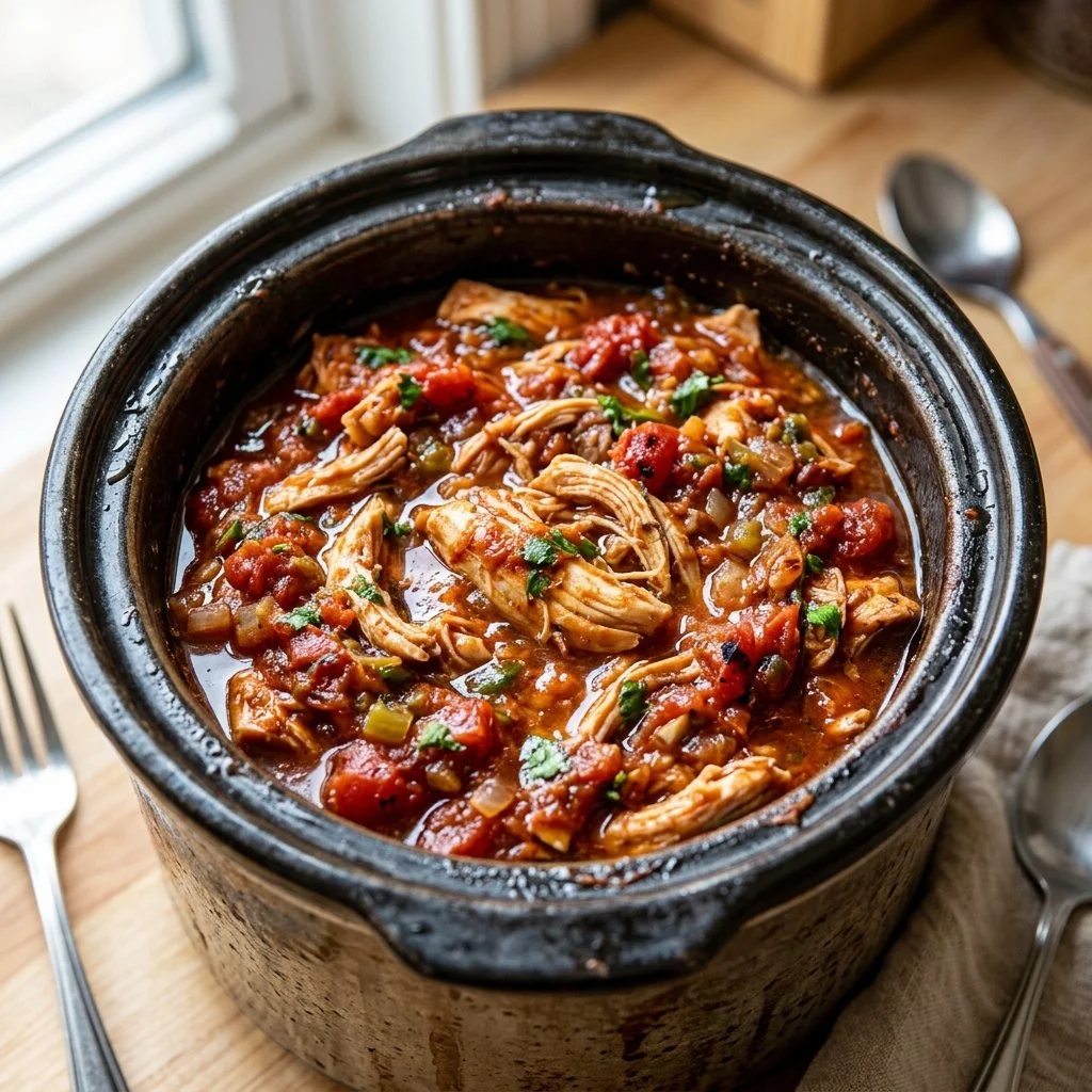 Crockpot Salsa Chicken dish served on a plate with fresh toppings