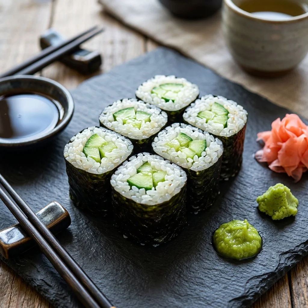 Delicious Cucumber Sushi Rolls beautifully arranged on a plate