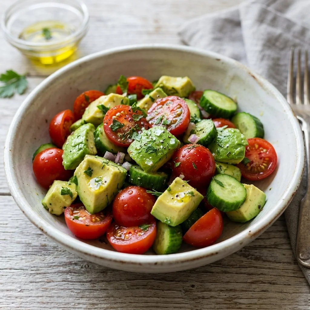 Fresh Cucumber Tomato Avocado Salad served in a bowl