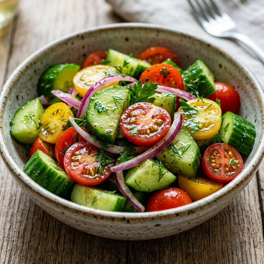 Fresh Cucumber Tomato Salad with herbs and dressing