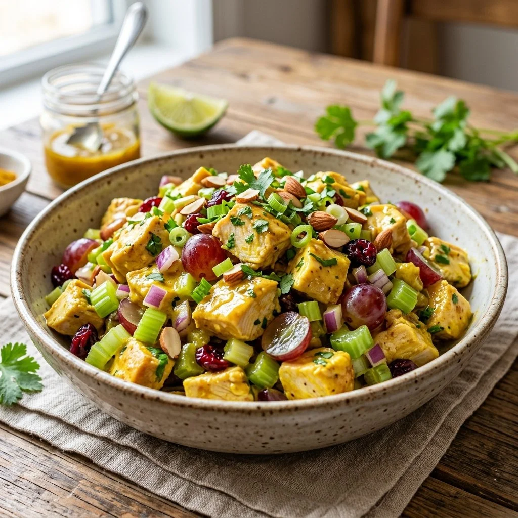 Delicious curry chicken salad served in a bowl with fresh ingredients