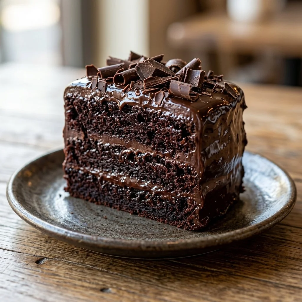 Decadent Death by Chocolate Cake topped with chocolate ganache and decorations.
