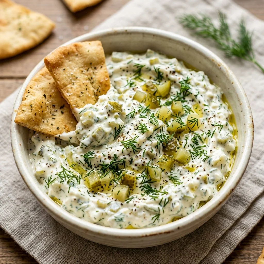 Creamy Dill Pickle Dip served in a bowl with crackers.