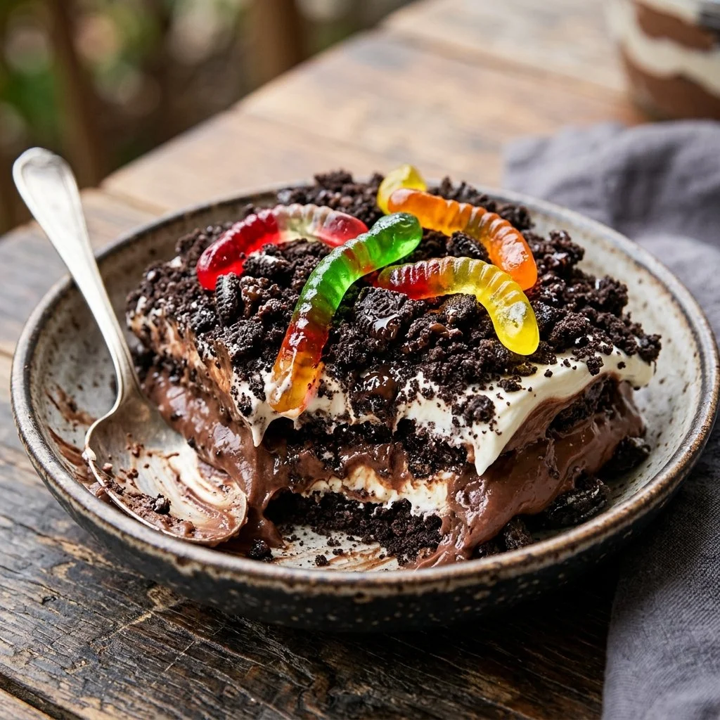Delicious homemade Dirt Cake with chocolate and gummy worms