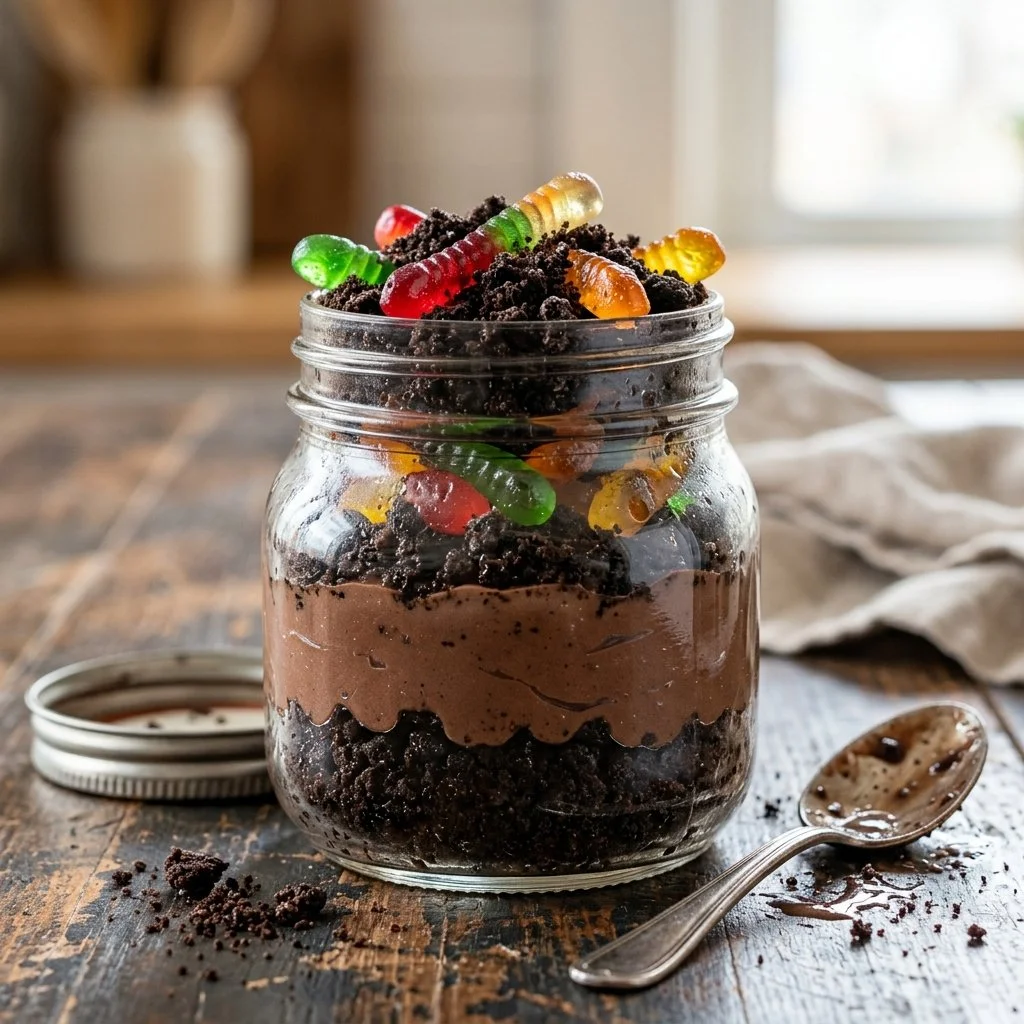 Delicious Dirt Pudding dessert with layers of chocolate and gummy worms